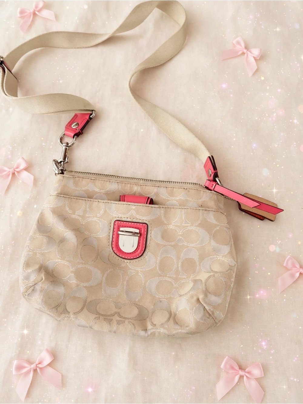 Coach Beige Signature Canvas Crossbody with Pink Trim Accents